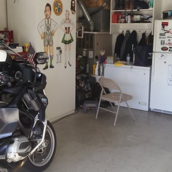 Organized Garage With Motorcycle, Fridge, and Storage - David Hoffmann from Oceamside, California