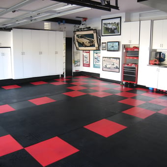 Garage with Red and Black Floor Tiles and Cabinets - Wayne Poe from Murrieta, CA