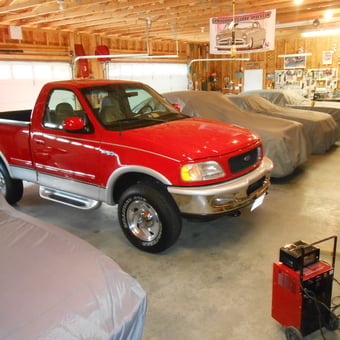 Organized Garage with Red Ford Truck and Car Covers - Wayne from Clarksville, VA