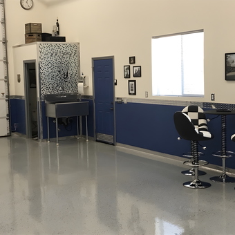 Modern garage with checker bar stools and utility sink - James from Pahrump, Nevada