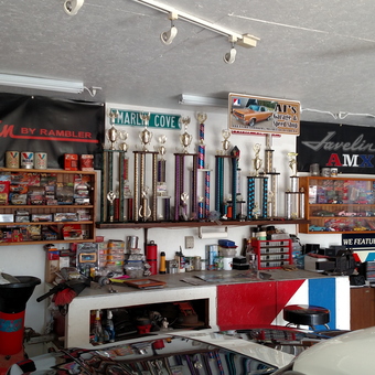Trophy Display, Model Cars, and AMC Signs in Organized Garage - AMXAL from SANDWICH, IL