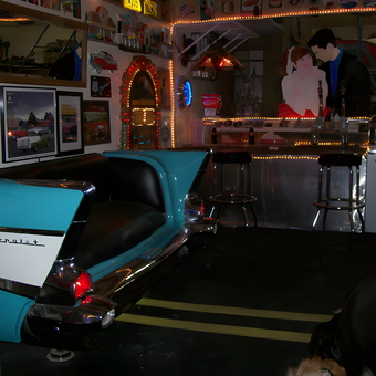 Classic Car Couch, Jukebox, and Retro Bar Garage Decor - John & Suz from Alaska