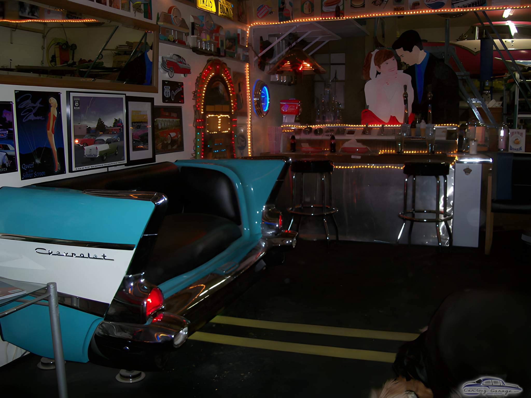 Classic Car Couch, Jukebox, and Retro Bar Garage Decor - John & Suz from Alaska