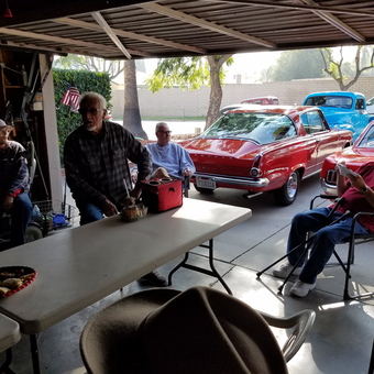 Classic Car Garage Gathering with Folding Tables and Chairs - Tom from Corona, CA