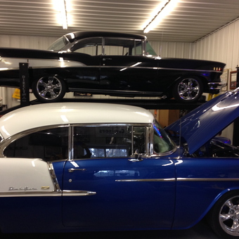 Classic Cars on Four Post Lift in Organized Garage - Roger from Delano, Mn