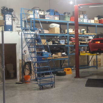 Garage with Car Lift, Shelving, and Tools - Old Fart's Garage from Solana Beach, California