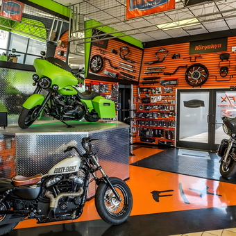Motorcycle Display with Accessories Wall - F/X Motor Sports from Amarillo, TX