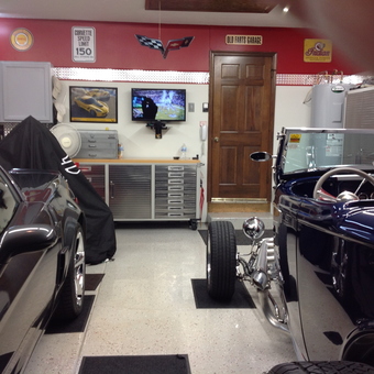 Classic Car Garage with Metal Cabinets and Wall Art - Tim from Indianapolis, Indiana