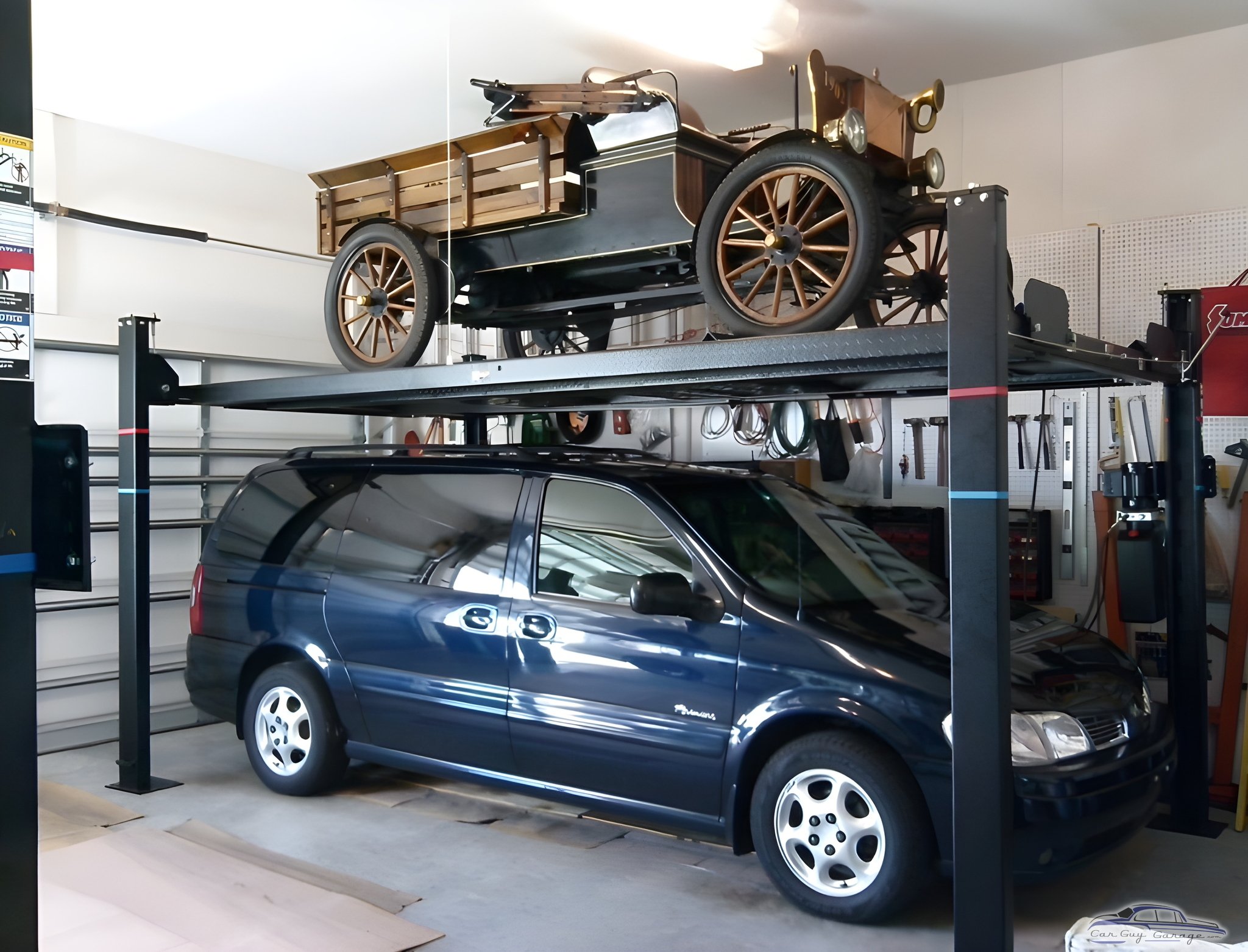 Four post car lift storing classic and minivan - Michbc3 from Port St. Lucie, Florida