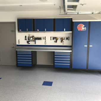 Blue Garage Cabinets and Workbench with Tool Storage - Freewill