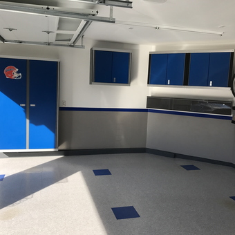 Modern Garage with Blue Cabinets and Storage Solutions - Freewill