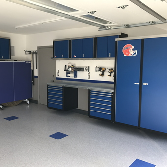 Blue Garage Cabinets and Workbench with Tool Storage - Freewill