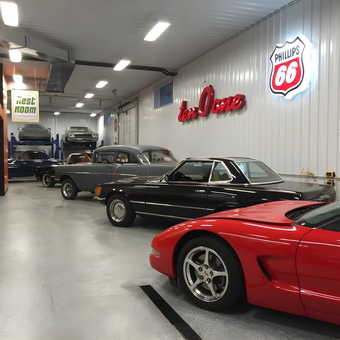 Classic Car Display with Neon Garage Signs - Rock's Garage from Rio Verde, AZ