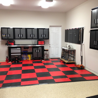 Red and Black Garage Floor with Wall Cabinets - KB from Flagler Beach, Florida