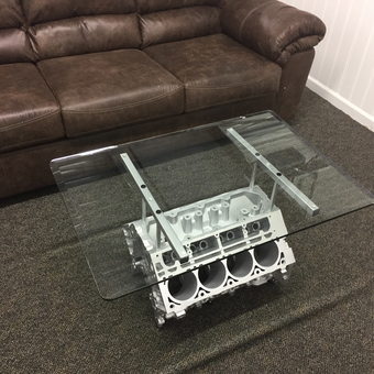 Engine Block Glass Coffee Table in Garage Lounge - TimD38 from Hudson, WI