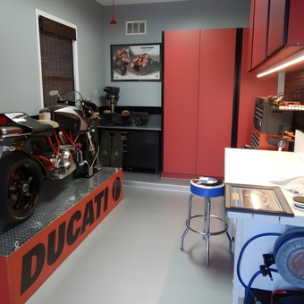 Red Garage Cabinets and Motorcycle Lift - Chris S from Waddell, AZ