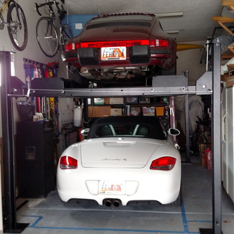 Garage Car Lift with Two Porsches and Bike Storage - Raleigh from Sandy, Utah
