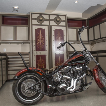 Custom Motorcycle in Modern Garage with Cabinets - Anonymous from Cheeseland