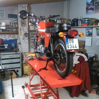 Motorcycle Lift Table and Tools in Organized Garage - Tom from Brodek u Prostejova, Czech Republic