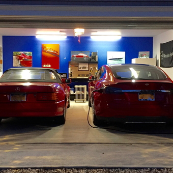 Red Tesla and Mercedes Decorated Garage - Vince from Peconic, NY