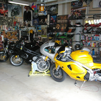 Motorcycle Garage with Tools, Storage, and Posters - Scott K Braman from Niskayuna, NY