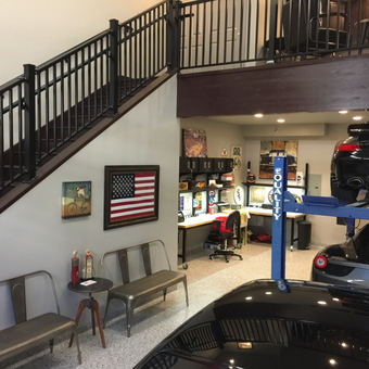 Stylish Garage With Car Lift, Benches, and Decor - Jeffrey from Hinsdale, IL