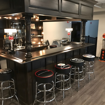 Classic Garage Bar With Car Logo Stools and Gas Pump Decor - Jeffrey from Hinsdale, IL