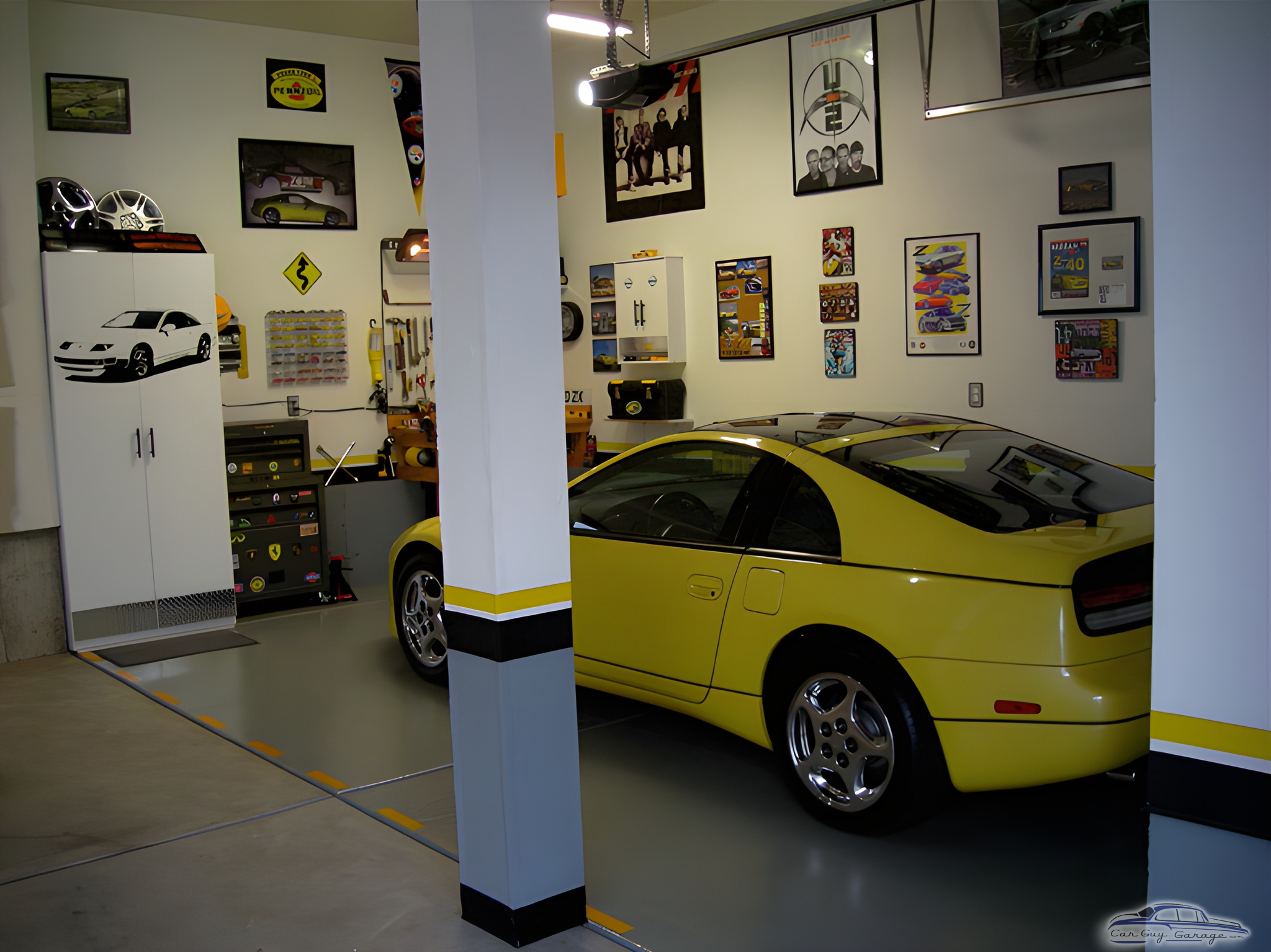 Organized garage with yellow sports car and wall art - Aaron from Farmington, UT