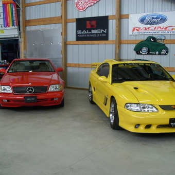 Red Mercedes and Yellow Saleen Mustang in Organized Garage - Jerryjeeper from Ottawa Lake, Michigan