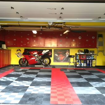 Red Cabinets, Garage Floor Tiles, Motorcycle Display - Tim from Zanik Design