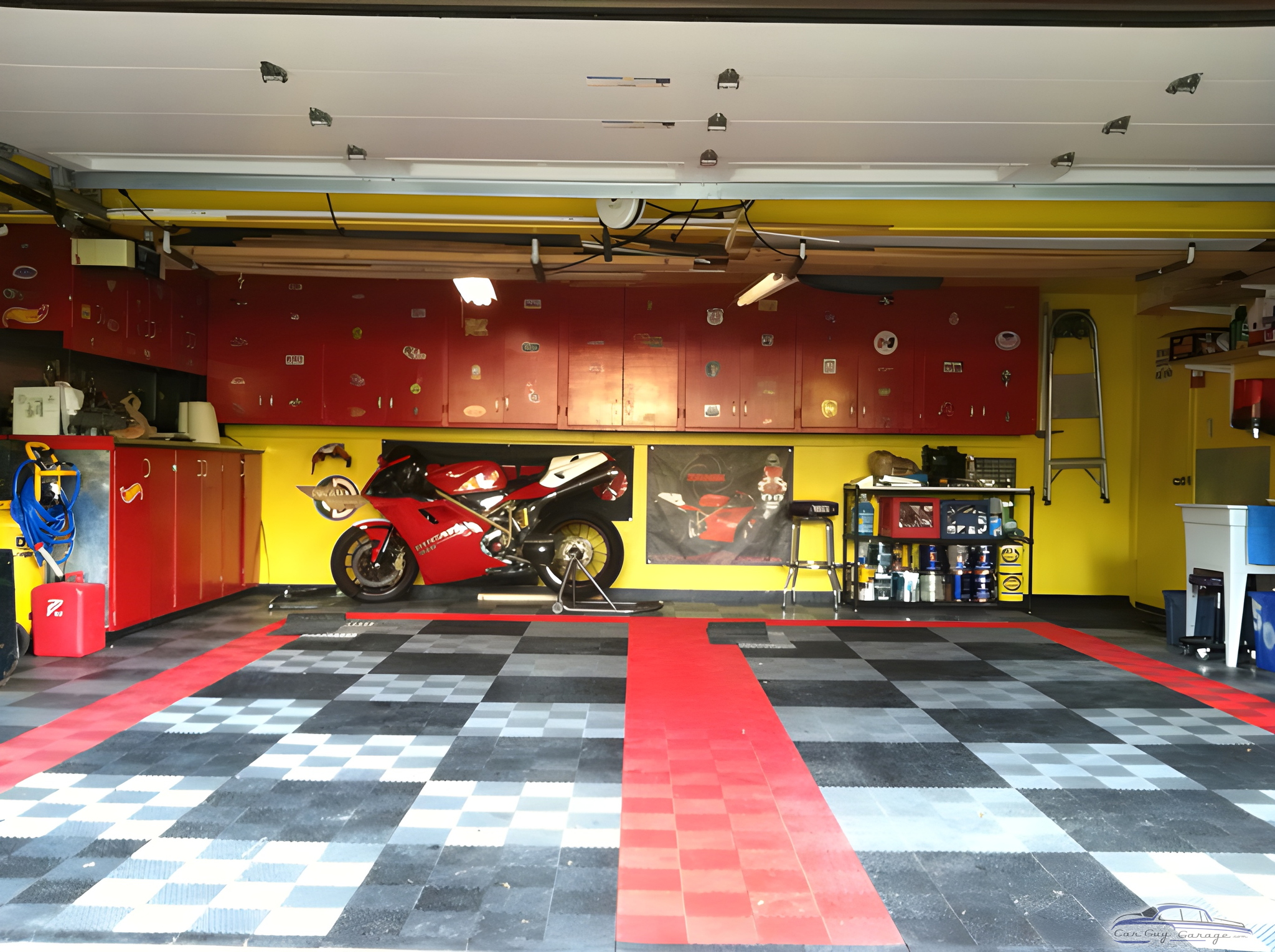 Red Cabinets, Garage Floor Tiles, Motorcycle Display - Tim from Zanik Design