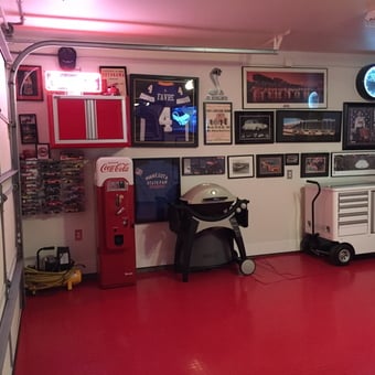 Red Floor Garage with Wall Art, Cabinets, and Tool Chest - Bruce from Eden Prairie, MN