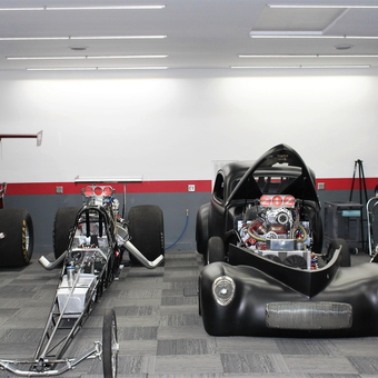 Dragsters, Custom Hot Rod, and Motorcycles in Modern Garage - Z