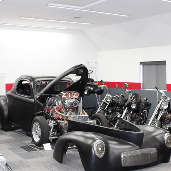 Custom Hot Rod, Motorcycles, and Dragster in Modern Garage - Z