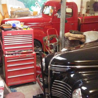 Classic Cars and Red Tool Chest in Busy Garage - rotrodron from Canastota, NY