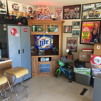 Garage Bar Decor with Neon Signs and Storage Cabinets - Swag Dad from Norman, OK