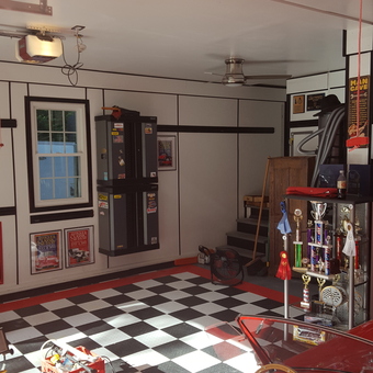 Checkered Garage Floor, Cabinets, and Trophies - henry vanwyngaarden from ivoryton, Connecticut