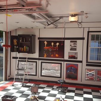 Classic Car Garage With Checkered Floor and Wall Art - Henry Vanwyngaarden from Ivoryton, Connecticut