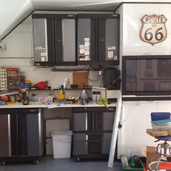 Garage Cabinets, Workbench, and Route 66 Sign - henry vanwyngaarden from ivoryton, Connecticut