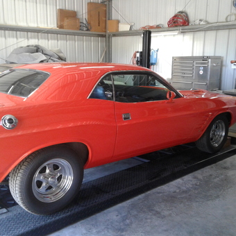 Red Classic Car on Lift with Tool Cabinets - Mopar Garage from Murrieta, Ca