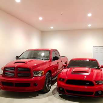 Red Truck and Sports Car in Clean Garage - James from San Dimas, CA