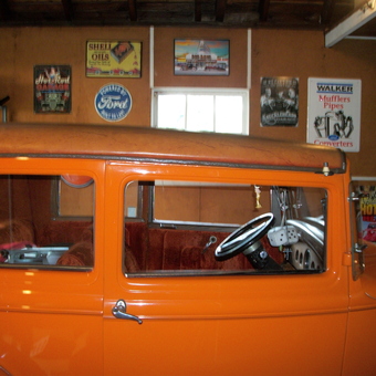Vintage garage with orange hot rod and retro signs - Larry Marsaglia from Drexel Hill, Pennsylvania