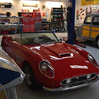 Classic Car Garage with Red Convertible and Tool Storage - MyRod from Roanoke, TX