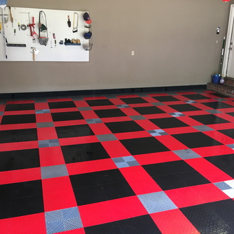 Red and Black Garage Floor Tiles with Wall Pegboard - Sir Kelly from Little Rock, AR