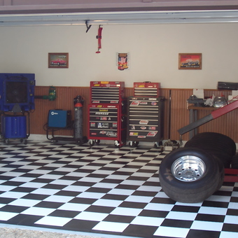 Checkered Garage Floor with Tool Chests and Tire Stacks - Sir Kelly from Little Rock, AR