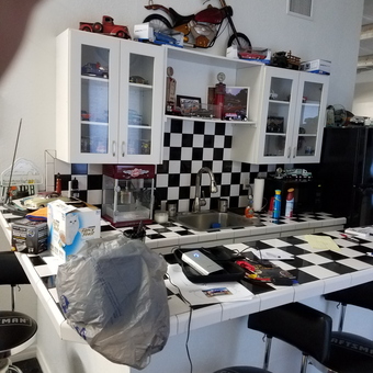 Checkered Garage Bar with Craftsman Stools and Decor - Ronald Hall from New Smyrna Beach, Fl