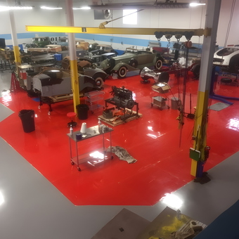 Classic Car Restoration Garage with Red Epoxy Floor - Diecuts from Dearborn, Michigan