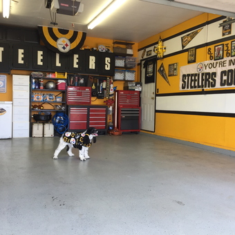 Steelers themed garage with tool chests and wall decor - Go Steelers from Bluffton, Indiana