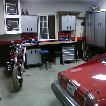 Organized garage with cabinets, workbench, car and motorcycle - David from San Jose, CA
