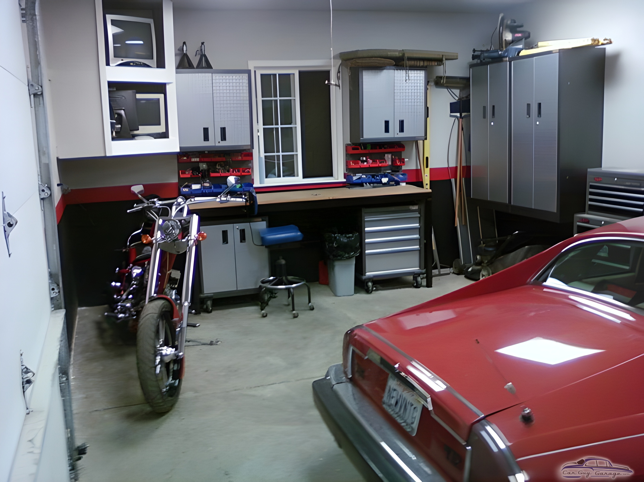 Organized garage with cabinets, workbench, car and motorcycle - David from San Jose, CA